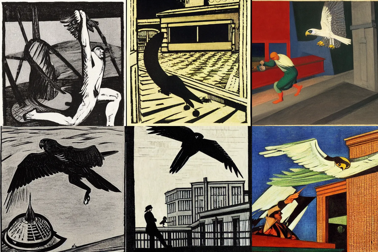 Prompt: a falcon escapes the falconer, woodcut by edward hopper and alexander rodchenko