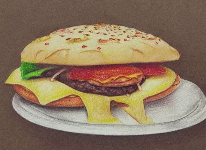 Image similar to a pizza eating a small burger, colorfull pencil drawing