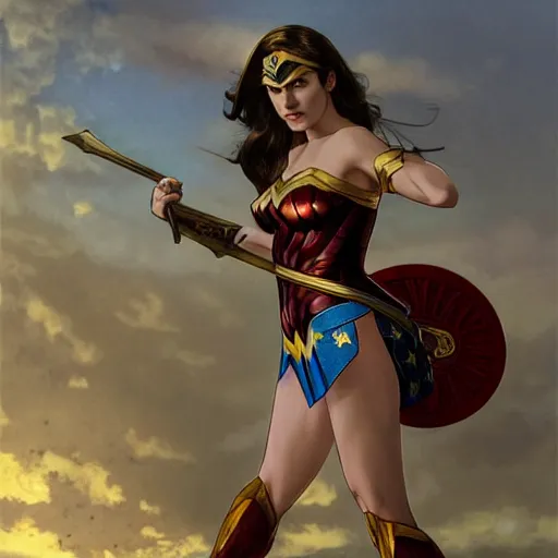 Image similar to Erin Moriarty as Wonder Woman, highly detailed, digital painting, artstation, concept art, smooth, sharp focus, illustration, ArtStation, art by artgerm and greg rutkowski and alphonse mucha and J. C. Leyendecker and Edmund Blair Leighton and Katsuhiro Otomo and Geof Darrow and Phil hale and Ashley wood and Ilya repin and Charlie Bowater