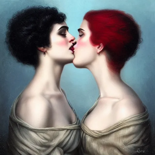 Image similar to a portrait of two women kissing in the style of tom bagshaw