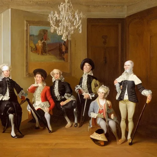 Prompt: a beautifully photorealistic symmetric group portrait of six young men and three women in a spanish summerhouse in the 1 8 th century on their grand tour. posing with walking canes, too hats, and monocles. next to a small stone mediterranean cottage on a spanish mountain in catalonia. oil on canvas