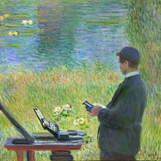 Image similar to monet painting of a frustrated man playing a first person shooter on a computer, highly detailed, realistic,