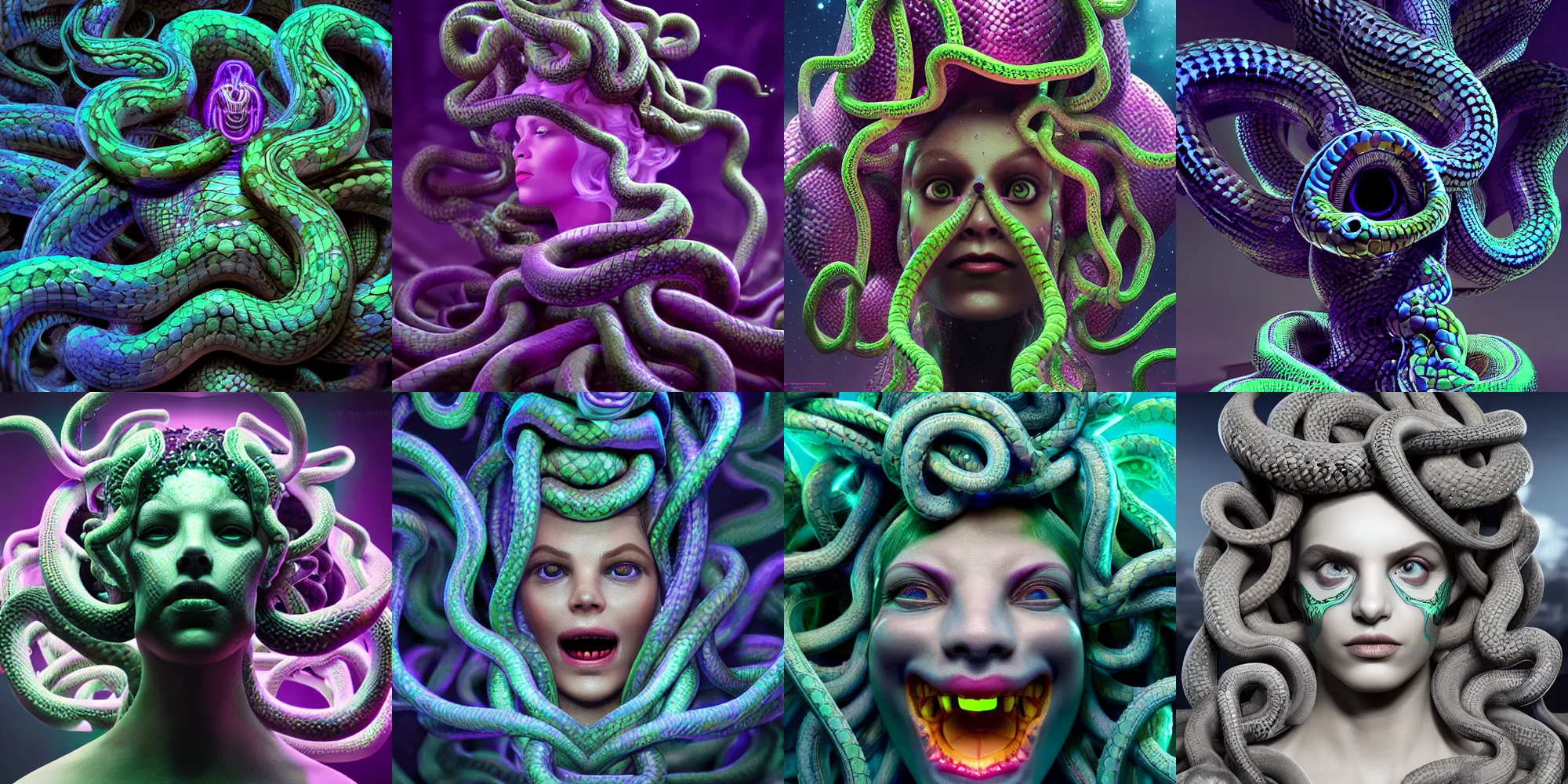 Image similar to beautiful medusa gorgon head highly detailed snakes, cosmic horror, ghostly, arcade, duotone, poltergeist, epic lighting, intricate, elegant, smooth, sharp focus, photo real, ultra realistic, unreal engine 5, raytracing, in the style of beeple and mike winkelmann, ultraviolet colors,