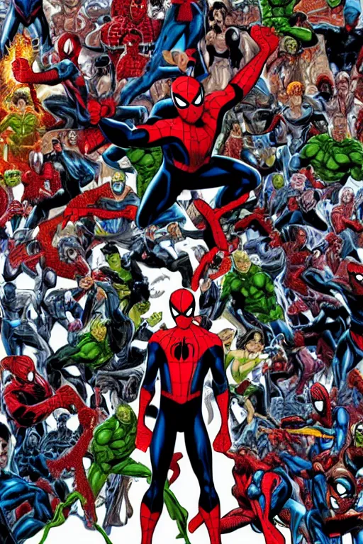 Prompt: a poster of Spider-man standing in front of his villains, by Mark bagley