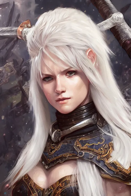 Image similar to A realistic anime portrait of a white haired female barbarian wearing an intricate armor, digital painting, by Stanley Artgerm Lau, Sakimichan, WLOP and Rossdraws, digtial painting, trending on ArtStation, SFW version