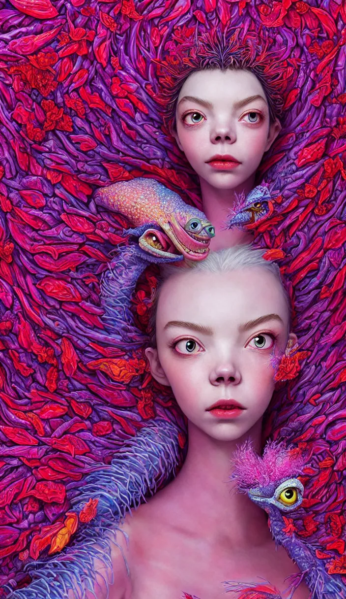 Image similar to hyper detailed 3d render like a Oil painting - kawaii portrait Aurora (a beautiful skeksis muppet queen from dark crystal that looks like Anya Taylor-Joy) seen red carpet photoshoot in UVIVF posing in scaly dress to Eat of the Strangling network of yellowcake aerochrome and milky Fruit and His delicate Hands hold of gossamer polyp blossoms bring iridescent fungal flowers whose spores black the foolish stars by Jacek Yerka, Ilya Kuvshinov, Mariusz Lewandowski, Houdini algorithmic generative render, Abstract brush strokes, Masterpiece, Edward Hopper and James Gilleard, Zdzislaw Beksinski, Mark Ryden, Wolfgang Lettl, hints of Yayoi Kasuma, octane render, 8k