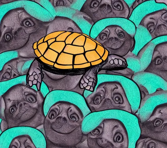 Image similar to a cute little turtle sitting on the back of a black pug, digital art, colourful