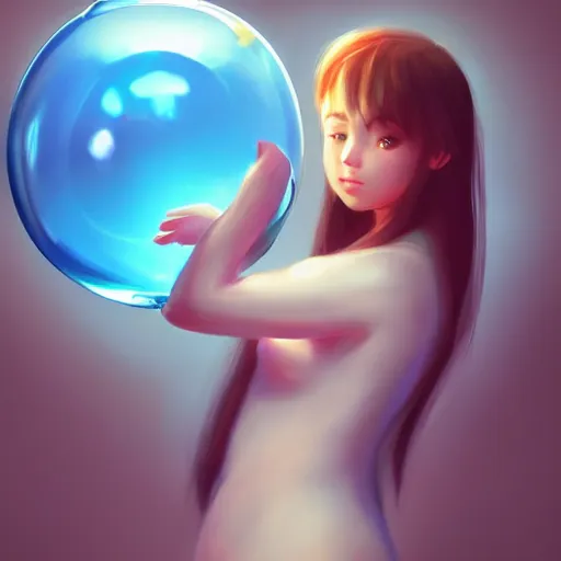 Image similar to cinematic portrait of cute Mew holding onto large blue bubble, oil on canvas, masterpiece, trending on artstation, featured on pixiv, cinematic composition, dramatic pose, beautiful lighting, sharp, details, hyper-detailed, HD, HDR, 4K, 8K