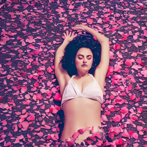 Image similar to woman laying in a pool of rose petals, movie poster, realistic, soft lighting, professional, full body, view from top