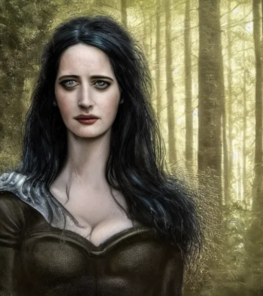 Image similar to 5 5 mm close up portrait photo of eva green as yennefer of vengerberg in black leather armor and long black fluff hair, in a forest. magical atmosphere. art by greg rutkowski. lifelike. very detailed 8 k. intricate. soft light. nikon d 8 5 0.