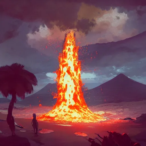 Image similar to a volcano erupting marshmallows on an island, highly detailed, concept art, art by wlop and artgerm and greg rutkowski, masterpiece, trending on artstation, 8 k