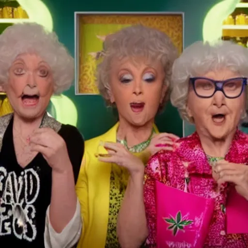 Image similar to Golden Girls open up a cannabis shop grand opening TV ad screenshot directed by Tim and Eric