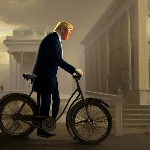 Image similar to president trump repairs bicycles, at the white house, photography, hyperrealistic, by beeple, greg rutkowski, caspar david friedrich, smooth, illustration, elegant, artstation, digital painting.