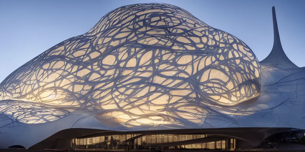 Image similar to extremely detailed ornate stunning sophisticated beautiful elegant futuristic museum exterior by Zaha Hadid, stunning volumetric light, stainless steal, concrete, translucent material, beautiful sunset, tail lights