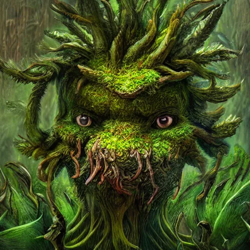 Image similar to A plant monster, highly detailed, digital art, sharp focus, trending on art station, leaves, moss, ferns, thistle