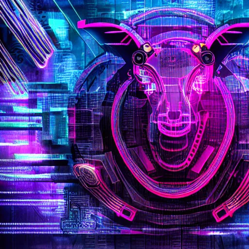 Image similar to complex cyberpunk machine background merged with evil cybernetic goat head in center focus, multicolored digital art