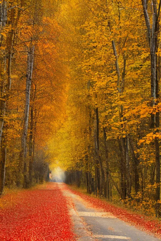 Image similar to photograph of a country road lined on both sides by maple and poplar trees, in the autumn, red orange and yellow leaves, some leaves have fallen and are under the trees and on the road