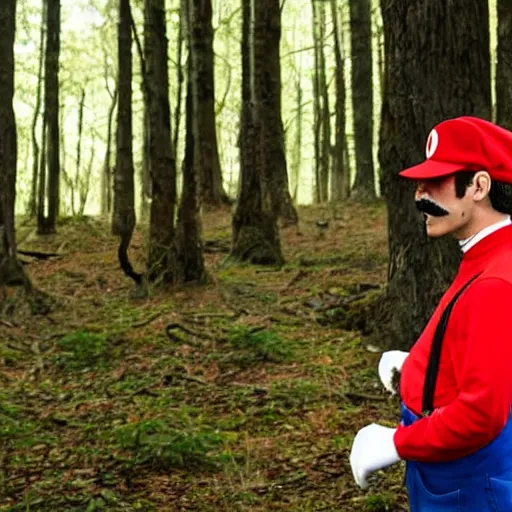 Prompt: italian man with a mustache dressed as mario wearing a solid red mario hat drooling, eyes rolled back, looking at red mushroom with white spots, in a forest