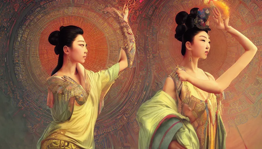 Image similar to mythology, neon, Female Ancient China Dance, queen, academic Reference Pictures artstation, fibonacci, sweat drops, insane, pinup, intricate, highly detailed, digital painting, artstation, concept art, smooth, sharp focus, illustration, Unreal Engine 5, 8K, art by artgerm and greg rutkowski and alphonse mucha