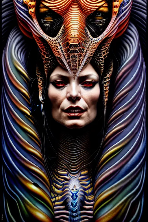 Prompt: single face portrait. complex hyper-maximalist overdetailed beautiful but terrifying, cinematic cosmic scifi portrait of an elegant very attractive but wild and dangerous humanoid reptilian antropomorphic goddess by andrei riabovitchev, tomasz alen kopera, oleksandra shchaslyva alex grey and bekinski. Fantastic realism. Extremely ornated with laced bone, branches with big thornes and green poisonous steam. Volumetric soft green and red lights. Omnious intricate. Secessionist style ornated portrait illustration. Poison goddes. Slightly influenced by giger. Zerg human hybrid goddes. Unreal engine 5. Focus on face. Artstation. Deviantart. 8k 4k 64megapixel. Cosmic horror style. Rendered by binx.ly. coherent, hyperrealistic, lifelike textures and only one face on the image.