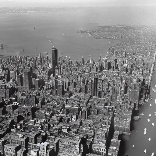 Prompt: aerial view of new york in 1940 with the sky full of zeppelins