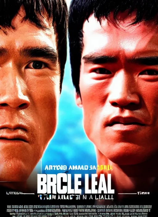 Image similar to Film poster Arnold Schwarzenegger VS Bruce lee , faces look at each other, detailed and realistic, 4k, filmic render