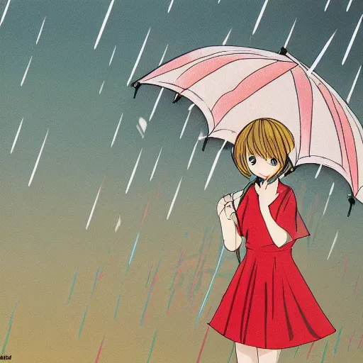 Prompt: rain, pattern, anime 1 9 8 0, umbrella, girl