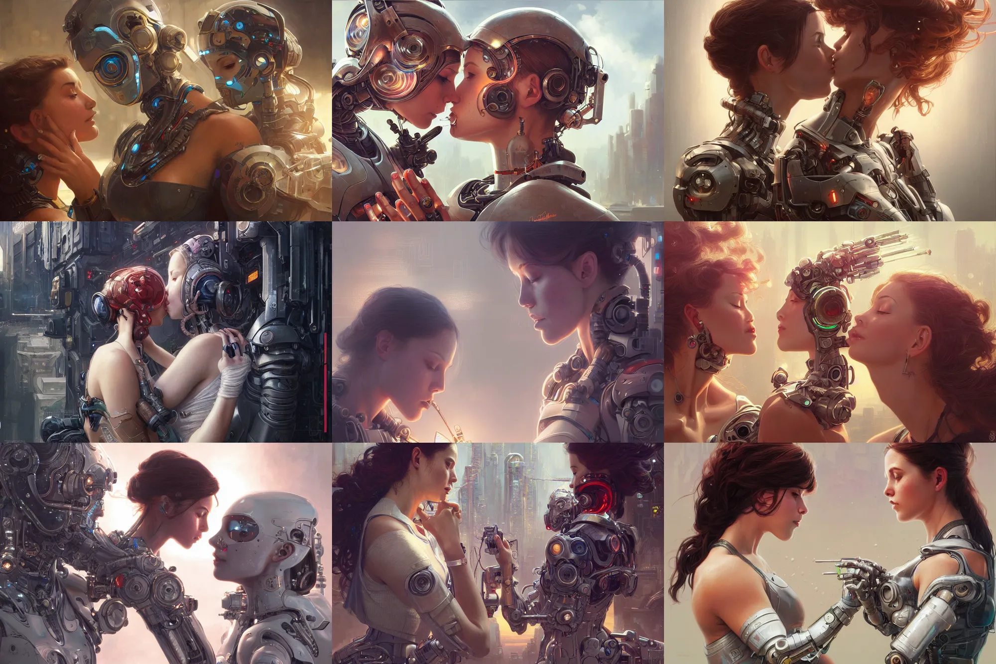 Image similar to Ultra realistic illustration, two women kissing a robot, cyberpunk, sci-fi, fantasy, intricate, elegant, highly detailed, digital painting, artstation, concept art, smooth, sharp focus, illustration, art by artgerm and greg rutkowski and alphonse mucha