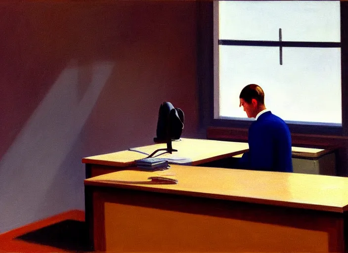 Image similar to painting of a lonely man sitting at his desk in an empty, huge office, in the style of edward hopper