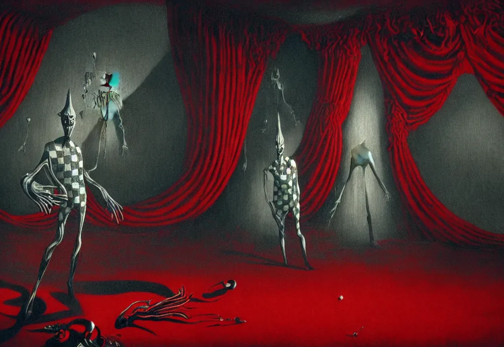 Prompt: extremely detailed movie shot portrait of a dark bizarre figure standing in a checkerboard room by denis villenueve, yves tanguy, ernst haeckel, roger dean, amano, ridley scott dynamic composition, rich moody colours, red drapes
