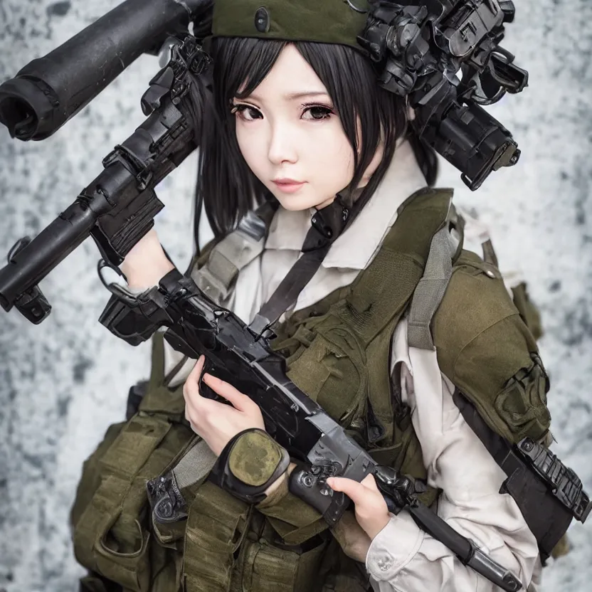 Prompt: portrait photo, highly detailed, high resolution, cosplay photo, stunning, girls frontline style, bokeh soft, 100mm, trending on instagram, by professional photographer, realistic human anatomy, real human faces, realistic military carrier, soldier clothing, modern warfare, realistic ak47, shot with a canon, low saturation