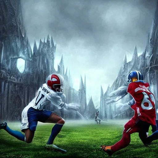 Image similar to fantasy landscape showing two football teams fighting each other on a pitch, high quality trending on artstation