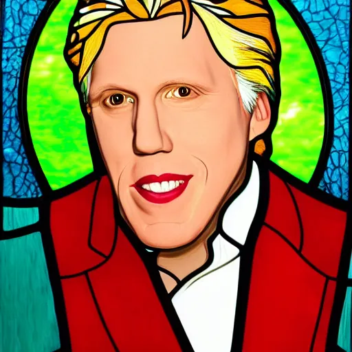 Prompt: stained glass style portrait of gary busey, beautiful, vibrant, intricate, 8 k, by kehinde wiley