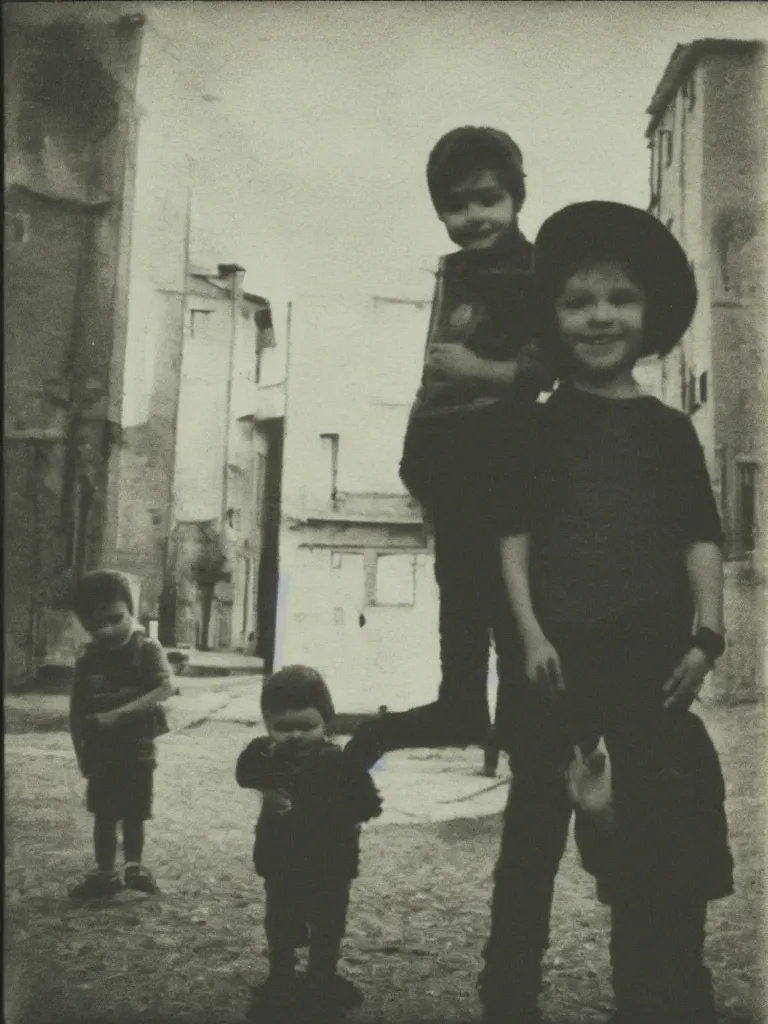 Prompt: only two kids posing for a picture, late at night, dark, backlighting, small village, empty town square, old polaroid, color