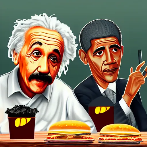 Image similar to Einstein and Obama sitting at McDonalds, ultra detailed, photorealistic, dramatic lighting