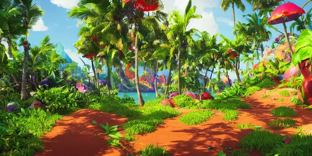 Prompt: plastic beach island lush vegetation caustics fluid simulation lighting impressive colorful masterpiece graffiti hyper perspective textured detailed intricate sharp focus 8 k octane render nvidia raytracing demo