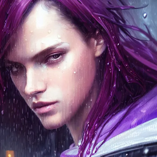 Image similar to very detailed masterpiece painting of a very beautiful wet caucasian young cyberpunk woman with dark purple hair, cyberpunk background, raining, closeup, portrait, artstation, concept art by greg rutkowski