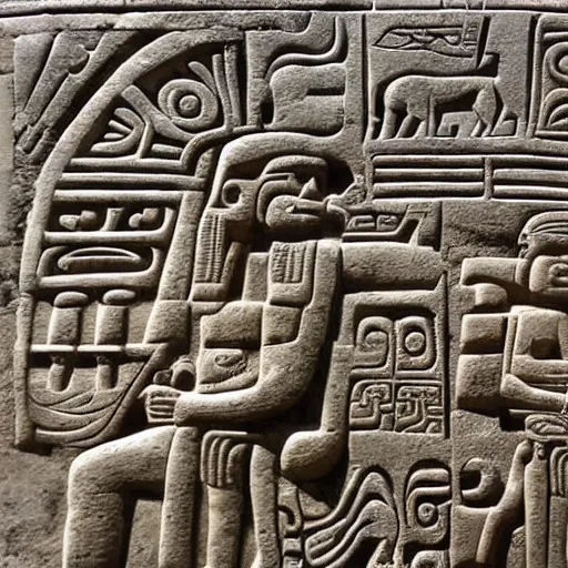 Image similar to ancient mayan carving bas-relief stelae hieroglyphs