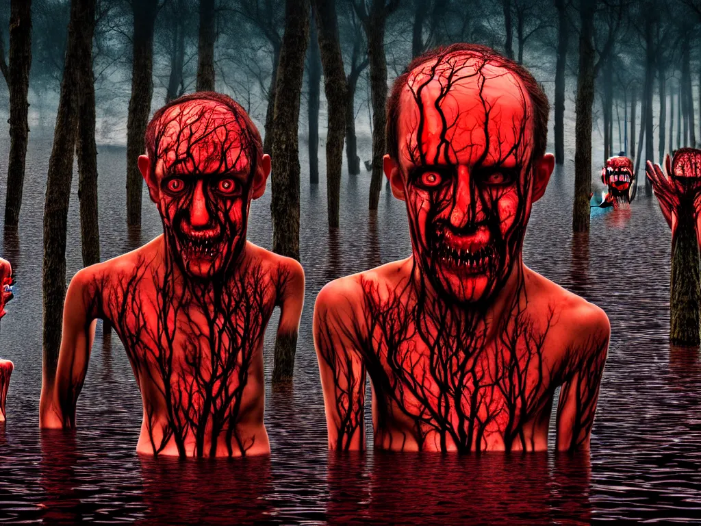 Image similar to a portrait of a man with five heads, twelve arms, sitting on chair made of human limbs, the chair is floating in a lake of blood, around the lake are melting trees, the man's limbs are merging with the trees, digital art, hyperrealistic nightmare scene, supernatural, highly detailed, creepy, terrifying