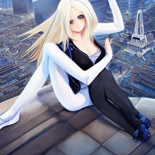 Image similar to aristocratic platinum - blonde - haired long bob cut blue - eyed princess wearing white leggings and black jacket, standing next to communist monument, anime, hd anime wallpaper, hyperrealistic lighting, drawn by artgerm