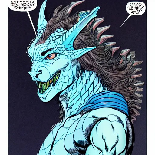 Image similar to head and shoulders porrtrait of a medieval fantasy anthropomorphic blue dragon - human hybrid with electrcity magic, fantasy, d & d, high details, art by phil noto and frank miller