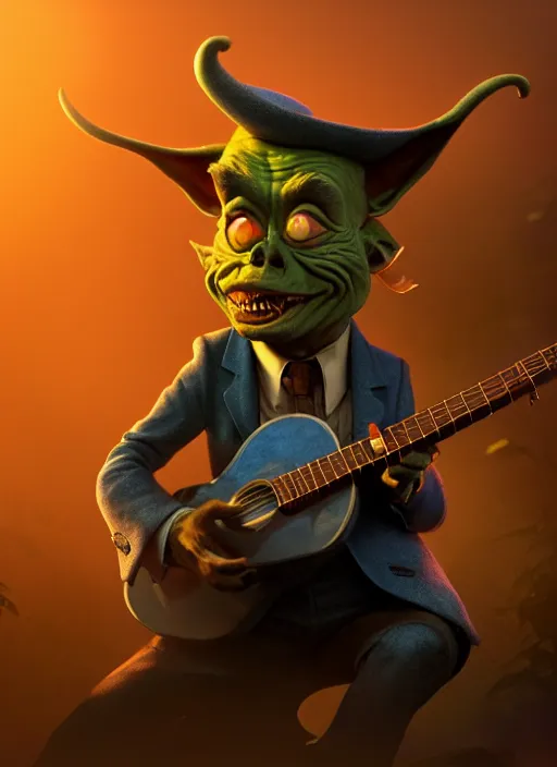 Image similar to a cute sharply dressed goblin playing the blues on an old acoustic guitar, in the style of boris valejo and terry gilliam, fantastic, dramatic lighting, smoke, mist, forest, hyperrealistic, photorealistic, accurate, detailed, octane render