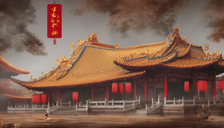 Image similar to enviroment concept art of chinese temple by jama jurabaev, cinematic shot, brush hard, artstation, for aaa game, high quality, brush stroke