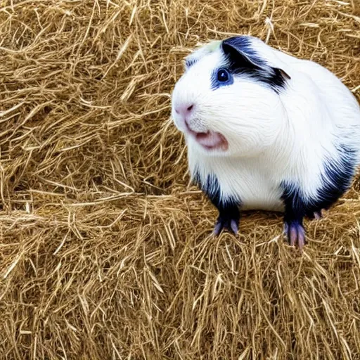 Image similar to a guinea pig wearing white wings, flying in a field of hay