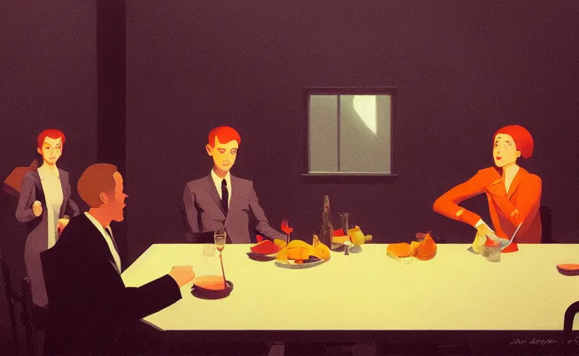 Image similar to a mysterious dinner scene illustration by atey ghailan and escher and edward hopper, surreal