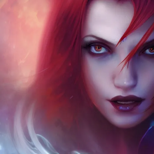 Image similar to redhead vampire sorceress, perfect face viewed in profile, bright glowing blue and silver eyes, gold shirt, cinematic, floating ash, stunning, highly detailed, artstation, smooth, hard focus, concept art, art by artgerm and greg rutkowski and alphonse mucha, volumetric lighting, octane render, 4 k resolution, trending on artstation, masterpiece