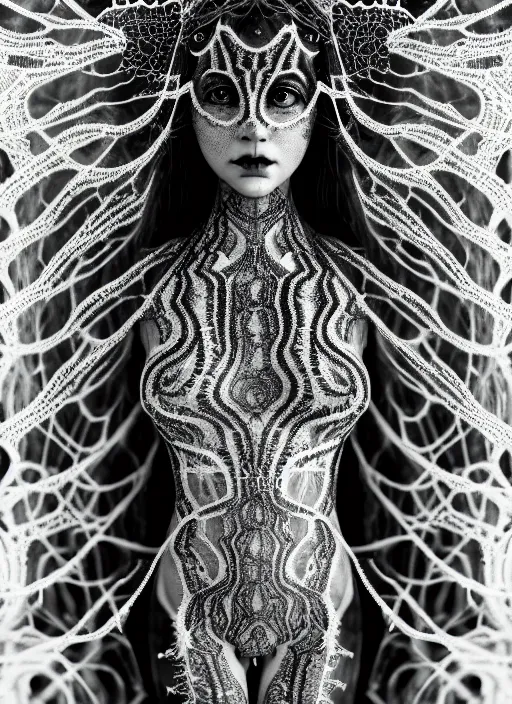 Prompt: surreal mythical dreamy dark artistic black and white fine art photo of a beautiful young female medusa - cyborg covered with lace fish scales and translucent algae, highly detailed, intricate crystal ivy jelly fish scales ornate, lace web, poetic, octane render, 8 k, photo - realistic, by man ray