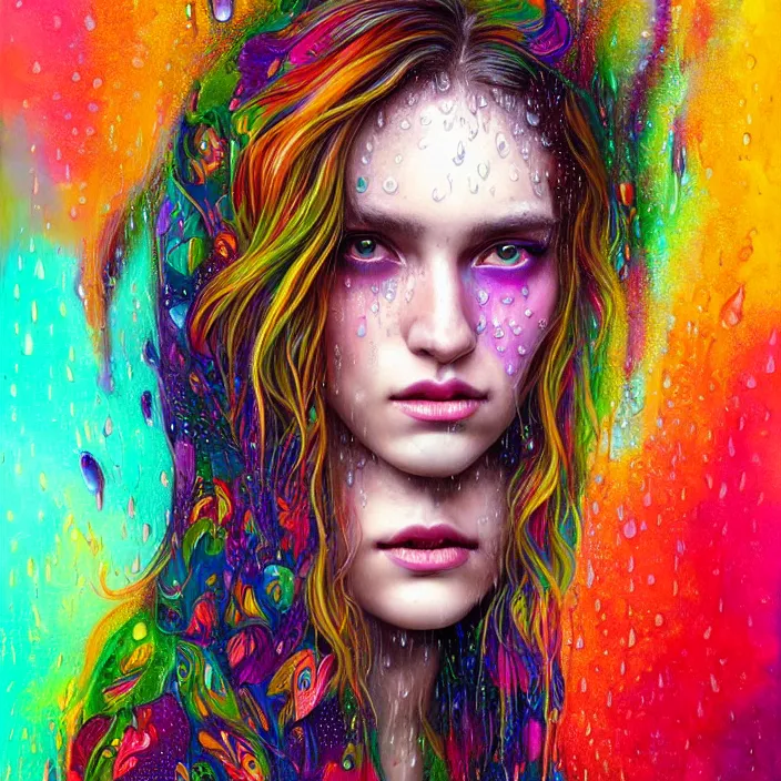 Image similar to bright psychedelic portrait with rain on face and wet hair, wings, smiling, diffuse lighting, fantasy, intricate, elegant, highly detailed, lifelike, photorealistic, digital painting, artstation, illustration, concept art, smooth, sharp focus, art by John Collier and Albert Aublet and Krenz Cushart and Artem Demura and Alphonse Mucha