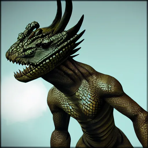 Image similar to 3D render of a beautiful feminine anthro reptile tail smooth scales scaled fursona Argonian in Skyrim, pose mod, in-game screenshot, loverslab, furaffinity