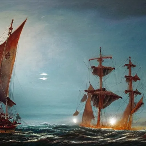 Image similar to an ancient sailing ship off the shore of a beautiful coastline with an omenous biopunk tower with glowing lights rising in the distance, painting by John Berkley